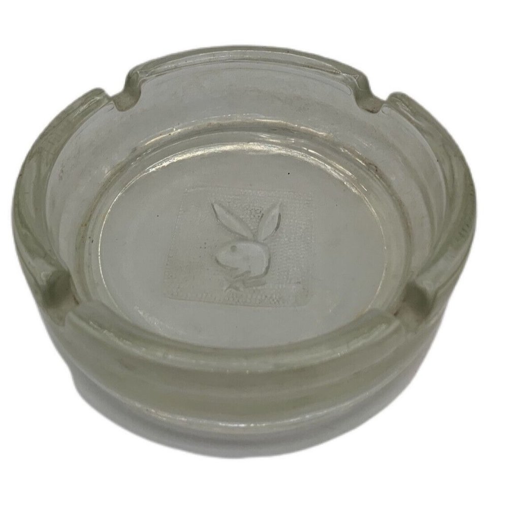 Vintage Hugh Heffner Playboy Bunny Logo Glass Ashtray Clear Cigarette Cigar